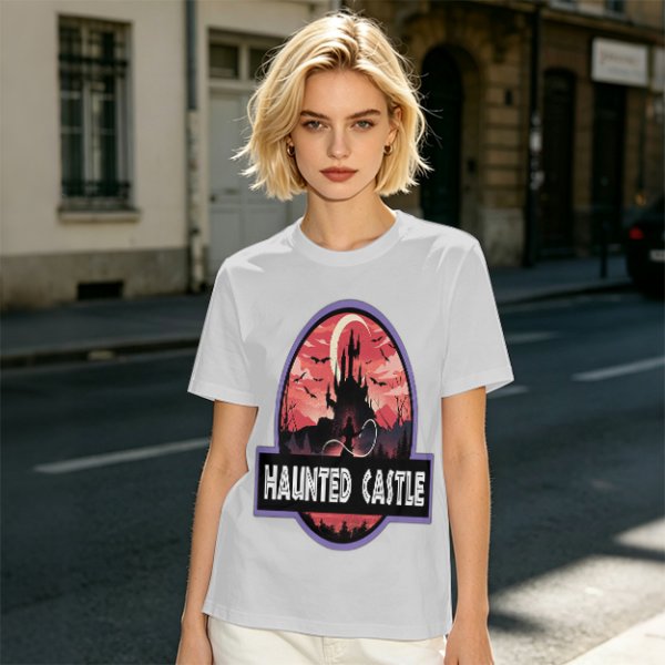 Olive T-Shirt with Haunted Castle Silhouette Graphic Design