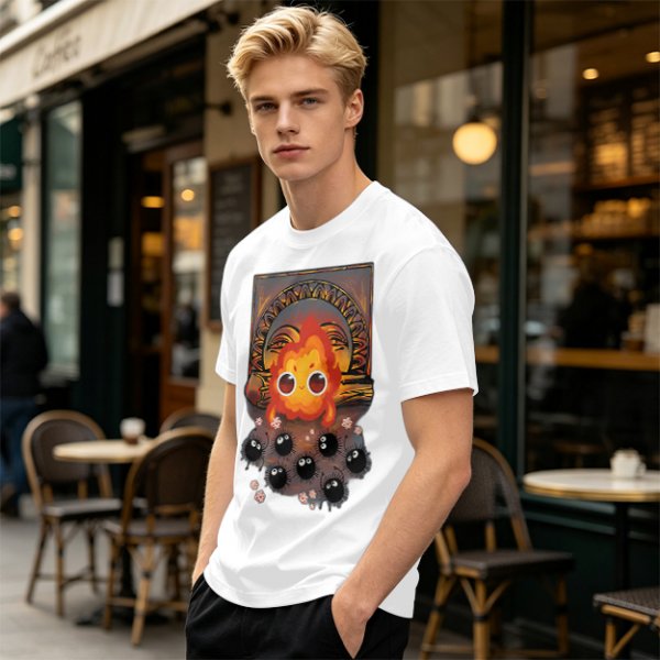 Olive t-shirt with Calcifer and soot sprites graphic print
