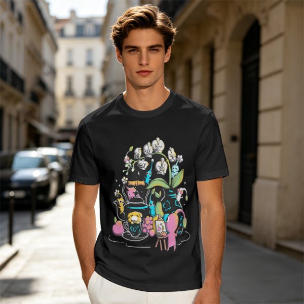 Olive T-Shirt With Whimsical Pikmin Themed Tea Party Art