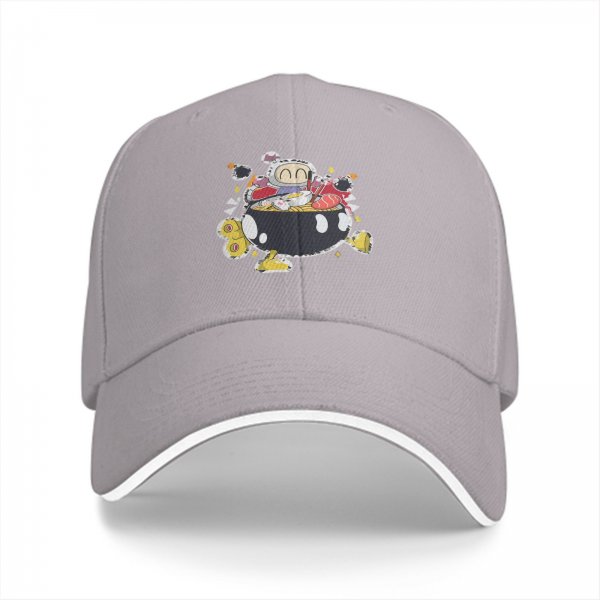 Black baseball cap with cute cartoon character in ramen bowl print
