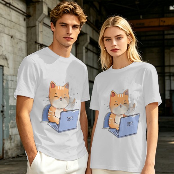 Olive T-Shirt With Cute Orange Cat Working On Laptop Print