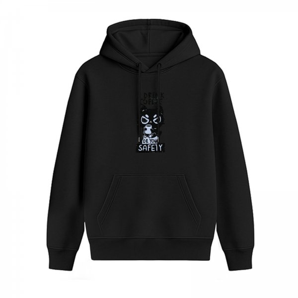 Black hoodie with 'Drink Coffee For Your Safety' graphic print