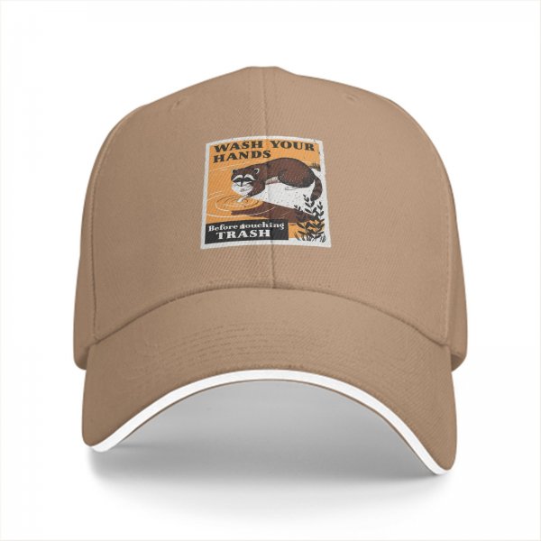 Black baseball cap with raccoon 'Wash Your Hands Before Touching Trash' print