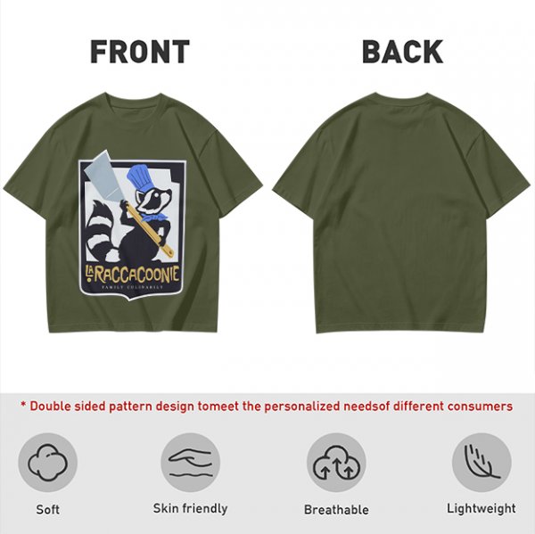 Olive green t-shirt with raccoon chef graphic and text