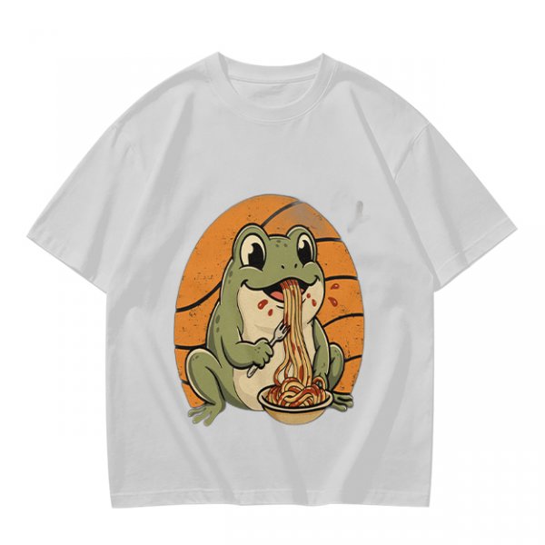 Olive Green T-Shirt Featuring a Frog Eating Spaghetti Graphic