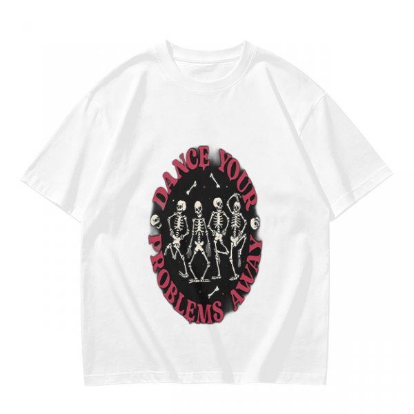 Olive T-shirt with Dancing Skeletons and 'Dance Your Problems Away' Text