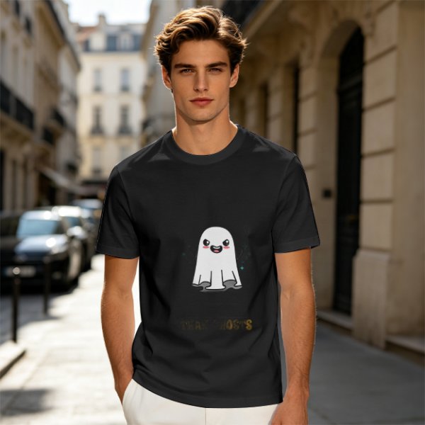 Olive T-shirt with Cute Smiling Ghost Graphic Print