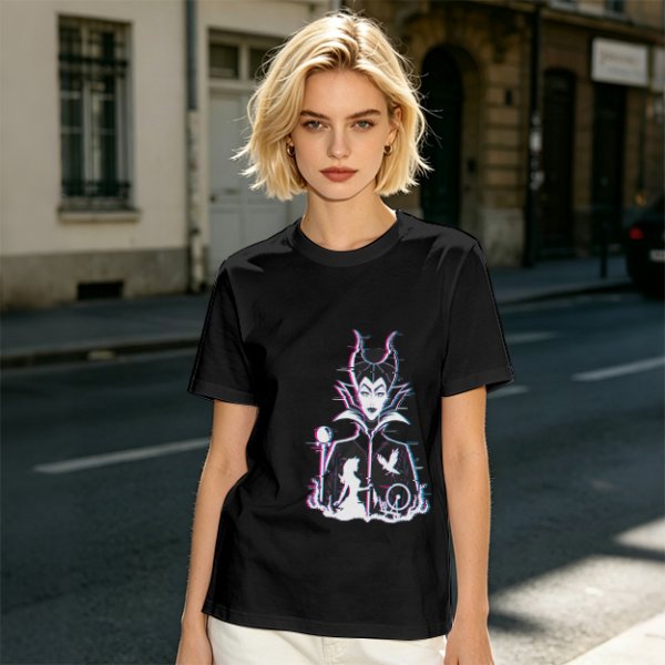 Olive T-shirt with Maleficent Glitch Art Print