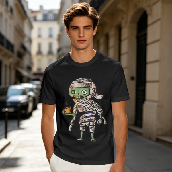 Olive T-Shirt With Cute Mummy Holding Hot Coffee Print