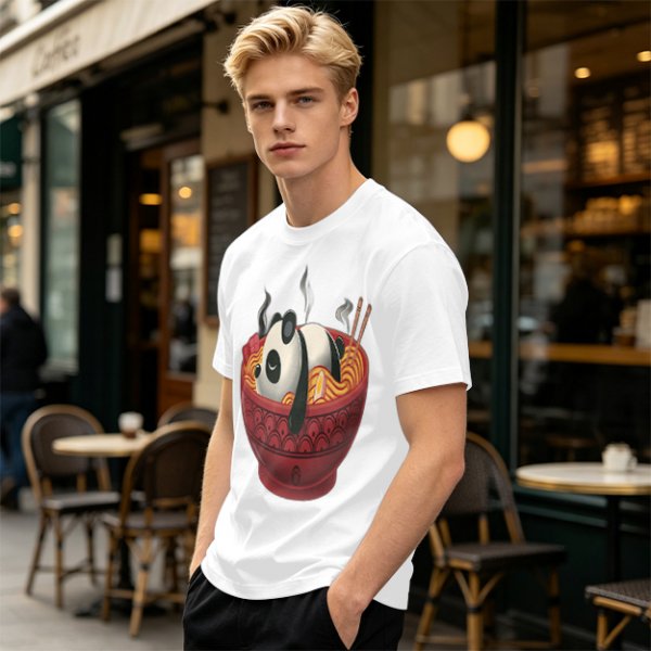 Olive green t-shirt with a panda relaxing in a steaming ramen bowl print