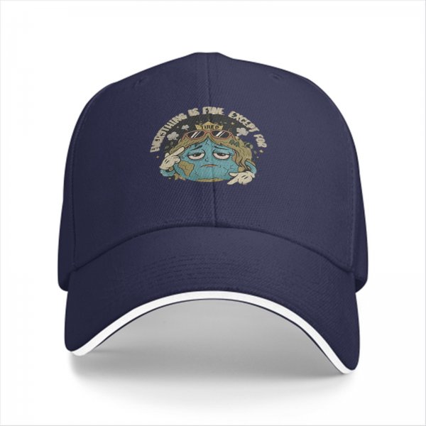Black baseball cap with tired Earth graphic and 'Everything is fine except for' text