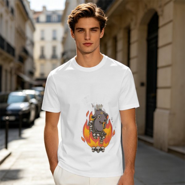 Olive T-Shirt With Cartoon Goat On Flames And Skulls Print