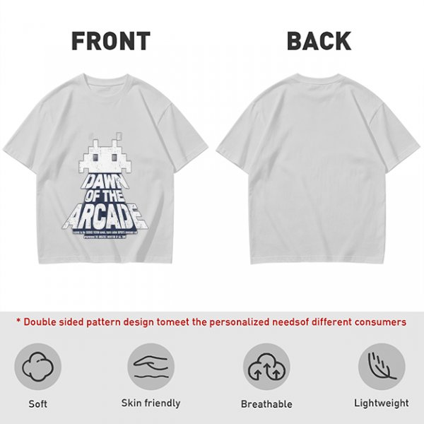 Olive T-Shirt with Retro Arcade Space Invader Graphic and Dawn of the Arcade Text