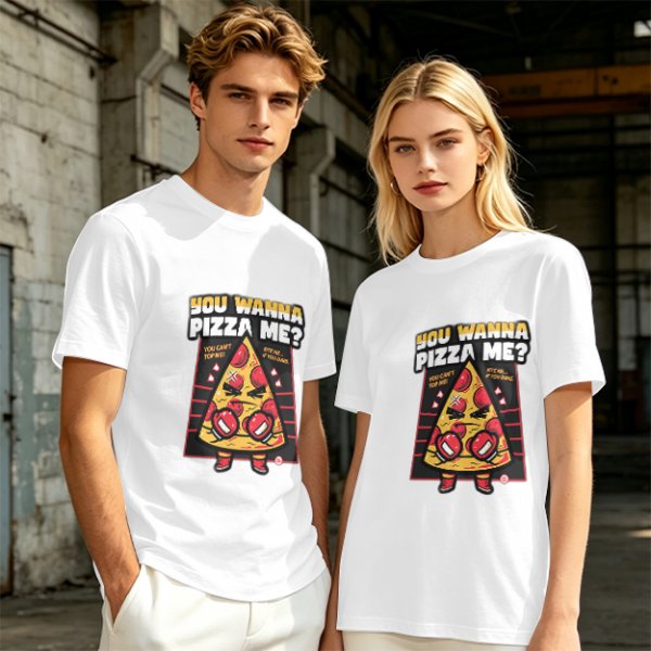 Olive t-shirt with angry boxing pizza slice graphic and 'You Wanna Pizza Me?' text