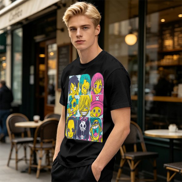 Olive T-shirt with One Piece x Simpsons Style Character Grid Print