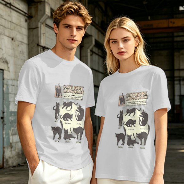 Olive T-Shirt With Cat Body Language Illustrations