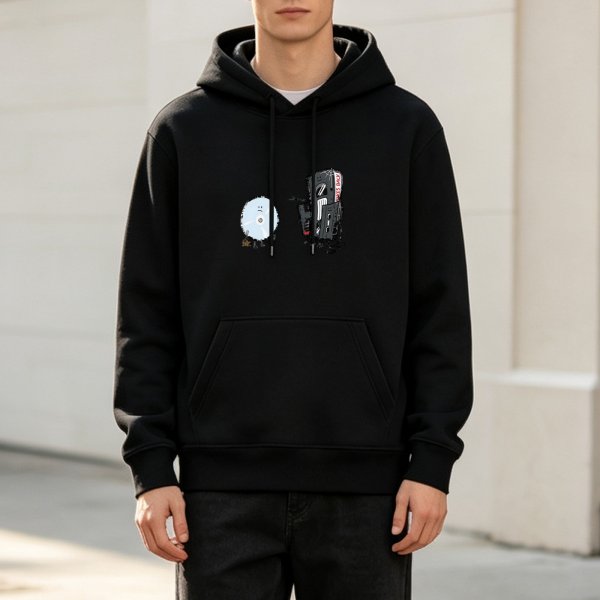 Black Hoodie with Retro CD and Cassette Tape Graphic