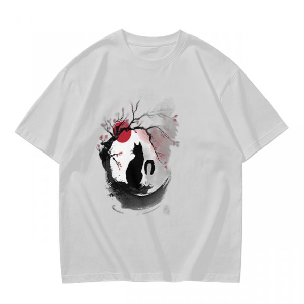 Olive T-Shirt with Japanese Style Cat and Red Sun Art Print