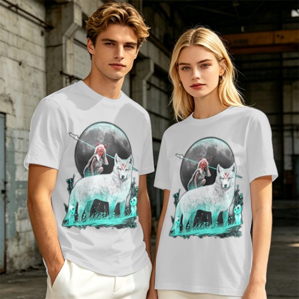 Olive T-Shirt With Wolf Warrior And Moon Forest Art Print