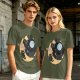 Olive T-Shirt With Black Cats On Crescent Moon Space Print