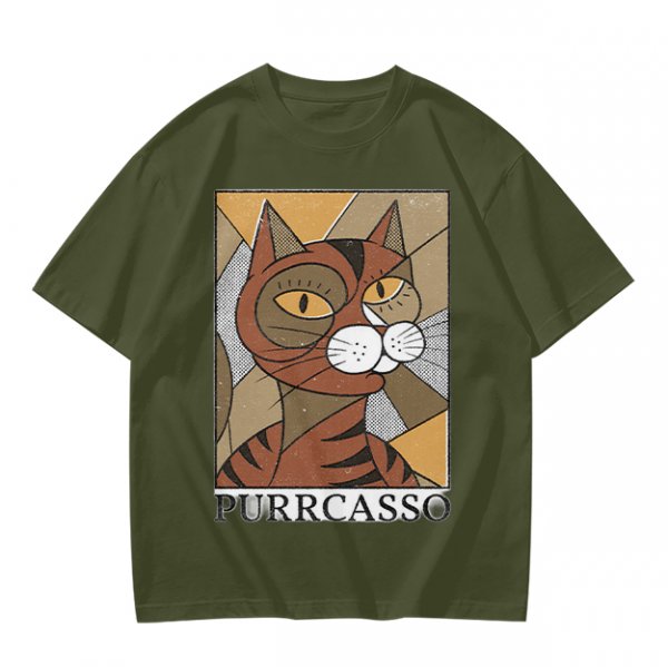 Olive green t-shirt with cubist style cat print and Purrcasso text
