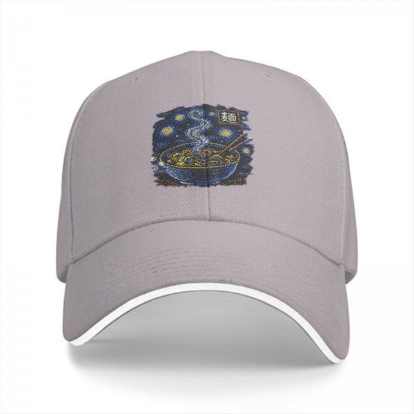 Black baseball cap with starry night ramen bowl graphic