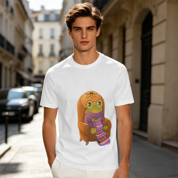 Olive Green T-Shirt with Cozy Frog in Pumpkin Hat Graphic