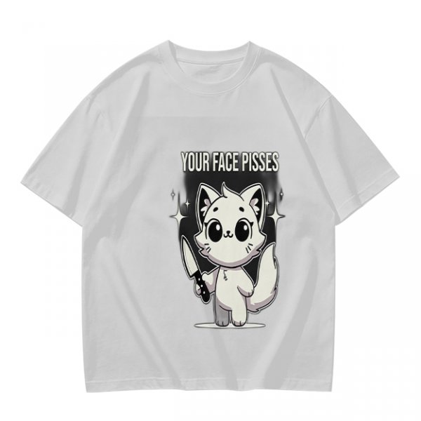 Olive graphic t-shirt with angry cartoon cat holding knife