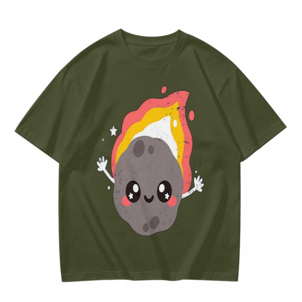 Olive green t-shirt with cute cartoon flaming asteroid graphic