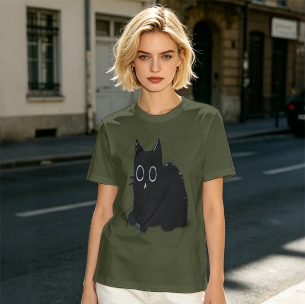 Oversized Olive T-Shirt With Black Cat Graphic Print
