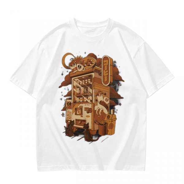 Olive T-Shirt with Coffee Vending Machine and Cats Graphic