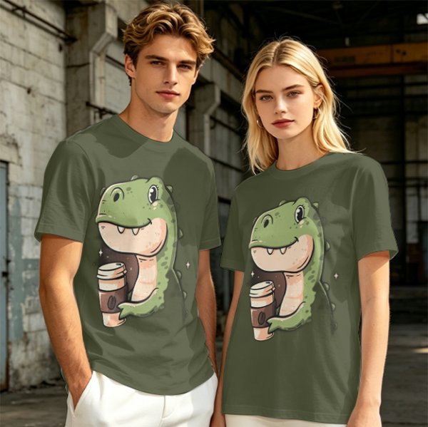 Olive T-shirt with Cute Dinosaur Holding Coffee Print