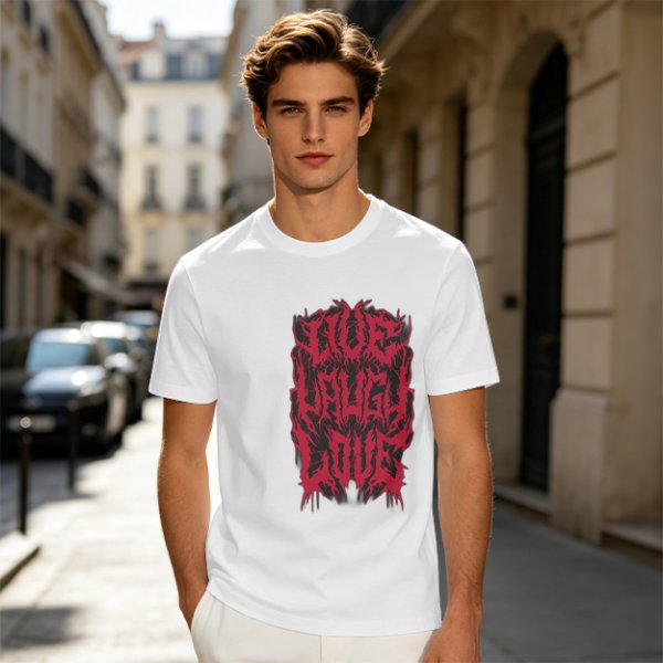 Olive green graphic t-shirt with dark metal style Live Laugh Love print