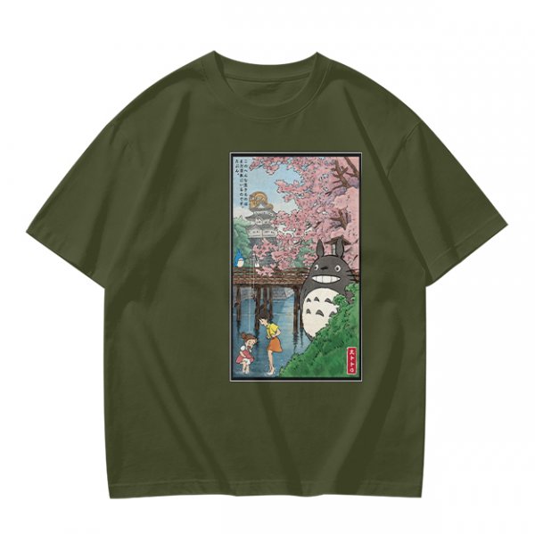 Olive T-shirt with Totoro cherry blossom Japanese woodblock print