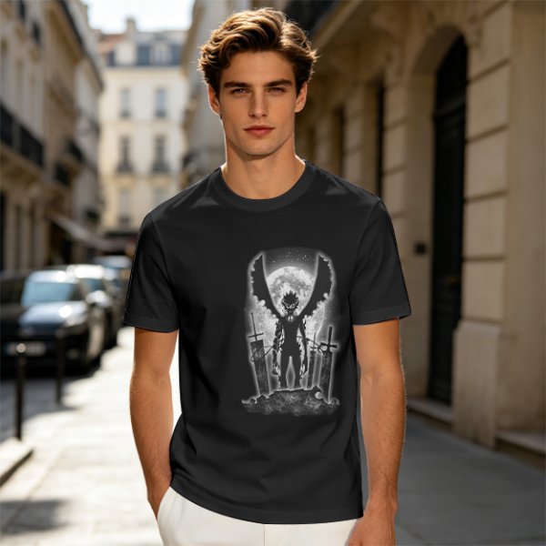 Olive t-shirt with dark anime winged warrior under full moon print
