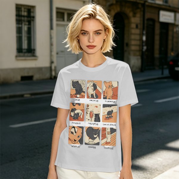 Olive T-Shirt with 9 Grid Cute Cat Illustrations Print