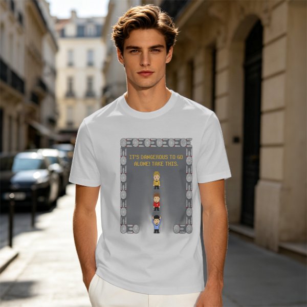 Olive t-shirt with retro video game 'It's dangerous to go alone' print