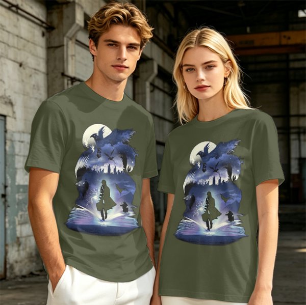 Olive T-Shirt With Magical Fantasy Creature Silhouette Art Print