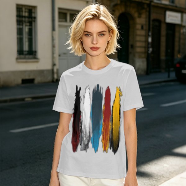 Olive Green T-Shirt With Vertical Colorful Brushstroke Figure Art