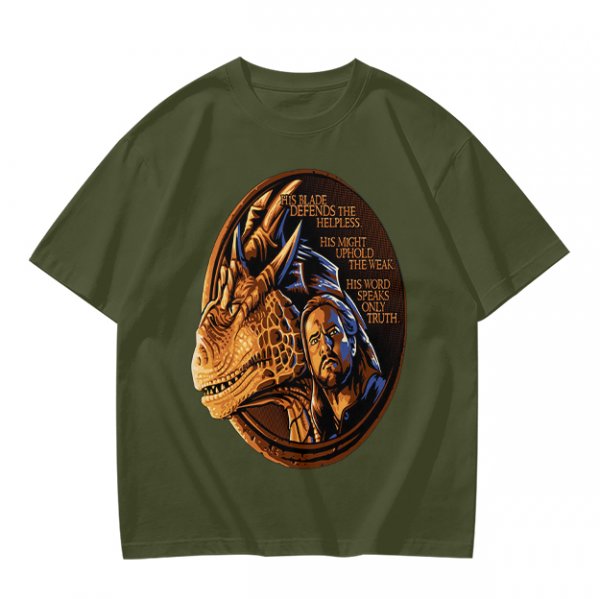 Olive T-Shirt With Dragon And Warrior Fantasy Art Print