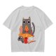 Olive T-Shirt With Cozy Cat Eating Pizza And Gaming Print