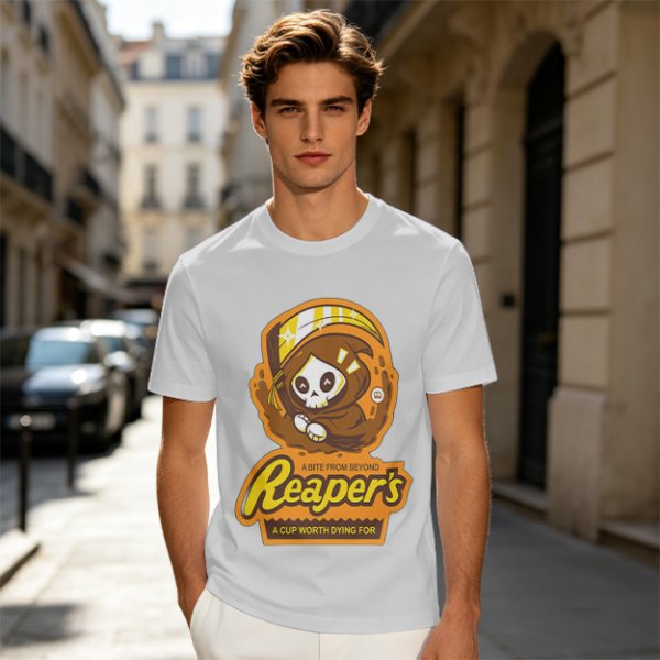 Olive green graphic t-shirt with cute reaper coffee themed print