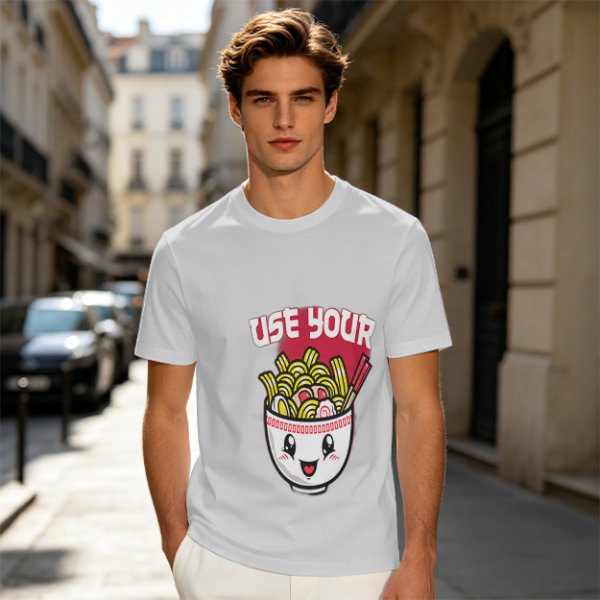 Olive T-Shirt With Cute Ramen Bowl Graphic And 'Use Your' Text