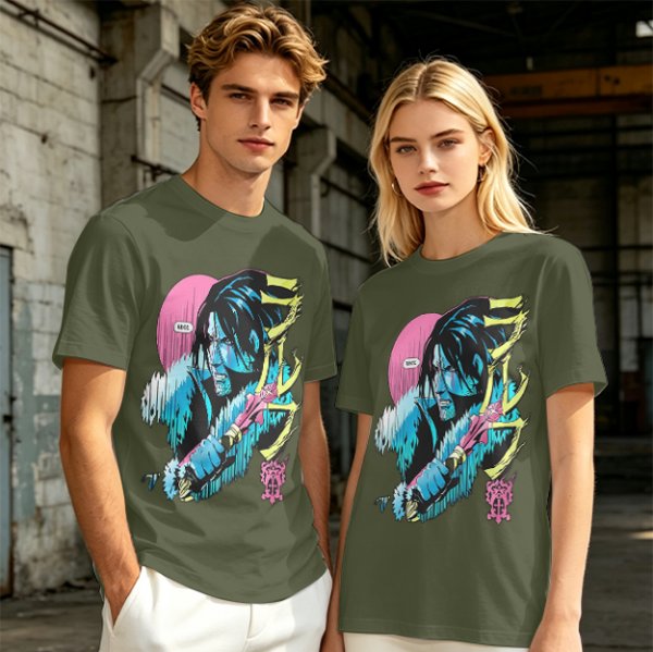 Olive T-shirt with Anime Vampire Hunter Character Graphic