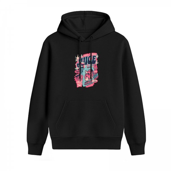 Black hoodie with retro devil juice box graphic print