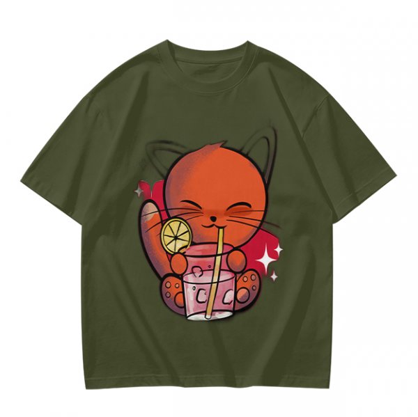 Olive Green T-Shirt With Cute Orange Cat Drinking Cocktail Graphic