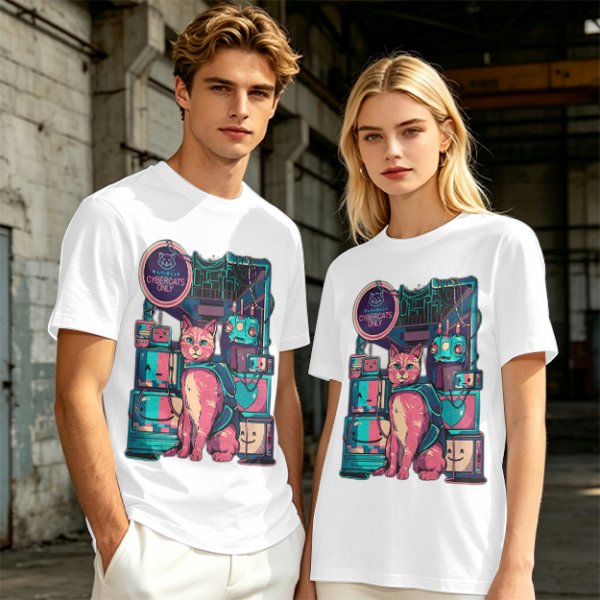 Olive T-Shirt with Cyberpunk Pink Cat and Robotic Tech Print