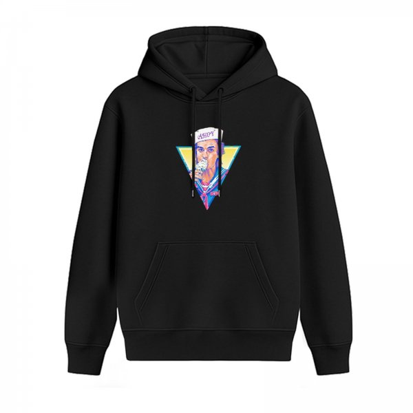 Black hoodie with Stranger Things Steve Harrington Scoops Ahoy graphic