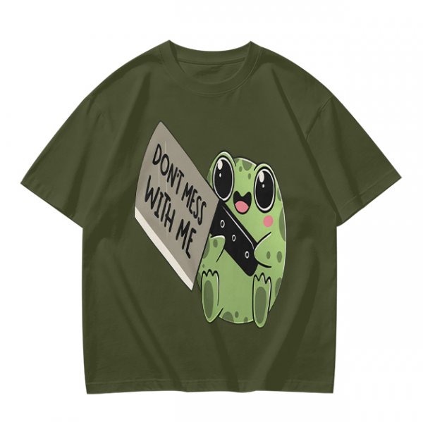 Olive t-shirt with cute frog holding knife and 'Don't mess with me' text