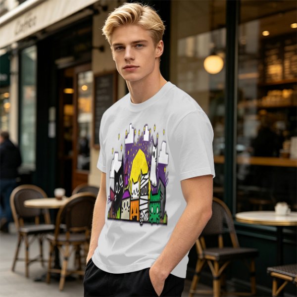 Olive T-Shirt With Halloween Themed Cute Cat Characters Print